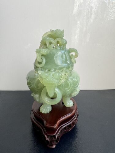 Large Jade Type Hardstone Carved Dragon Incense Burner Sculpture On Wooden Stand - Picture 3 of 10