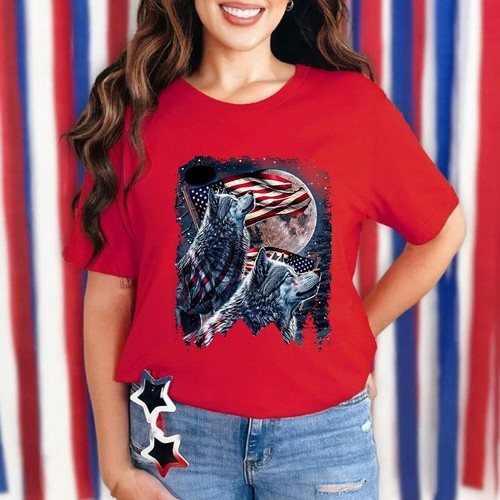 Wolf 4th of July American Flag Howling Wolves Under Moon Unisex T-Shirt - Picture 17 of 22