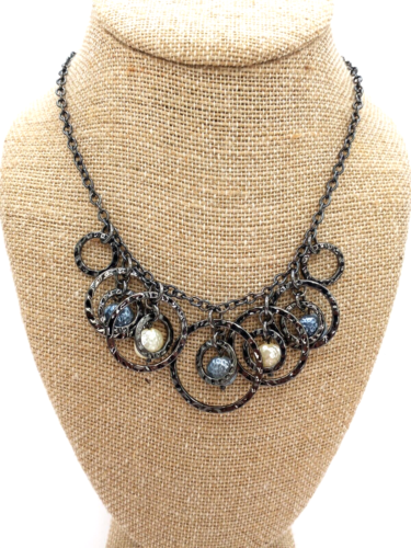 Lia Sophia Black Tone Metal Statement Necklace with Faux Blue and White Pearls - Picture 1 of 12