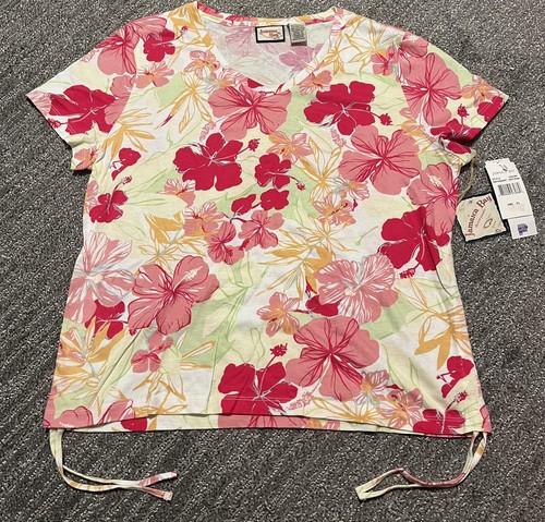 Damen Petite Jamaica Bay rosa Blumen Hawaii T-Shirt, V-Ausschnitt. NEU, mit Etikett - Bild 1 von 4