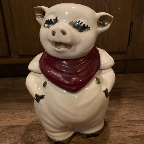 Vintage 1940s Shawnee Pottery Smiley Pig Cookie Jar With Maroon Scarf