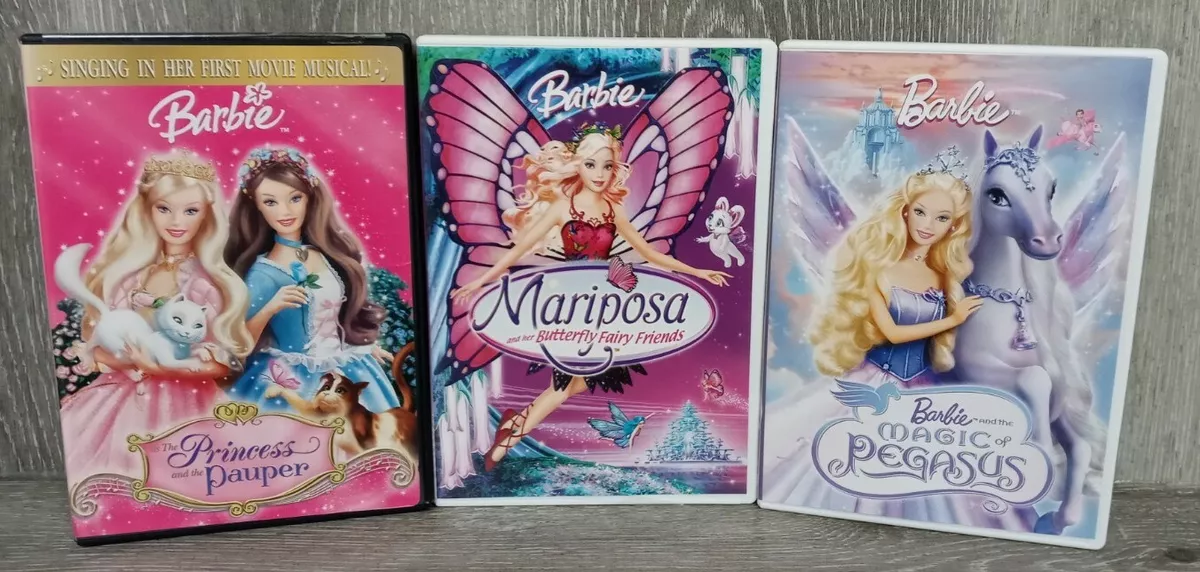 Lot of 3 Barbie DVD Movies: Princess & the Pauper, Magic of Regasus &  Mariposa