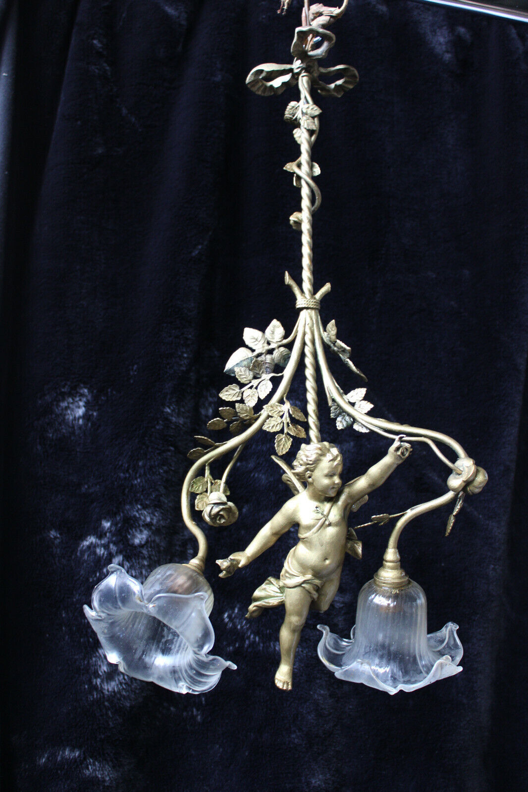 Antique French Bronze Cherub angel Chandelier lamp floral decor 2 arms 