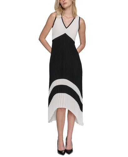 Karl Lagerfeld Paris Women's Pleated Colorblocked a-Line Dress White Black 6 - Picture 3 of 5