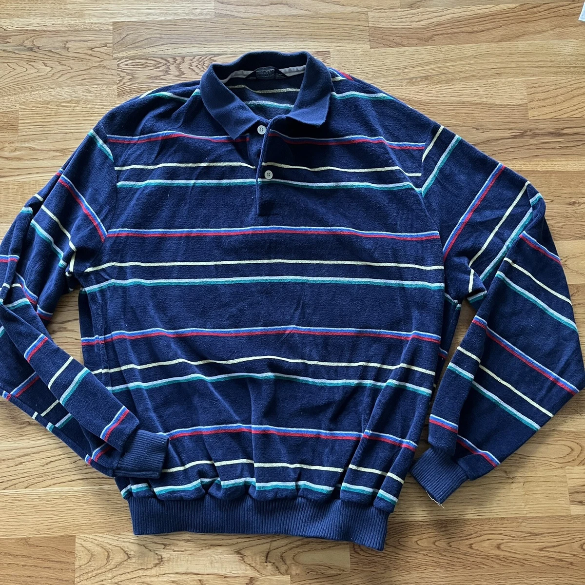 Vintage Colorblock Long Sleeve Polo T Shirt Chesterfield Retro Velvet Stripe 80s