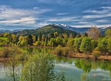 Landscape nature photography spring river mountains Custom Gaming Mat Desk