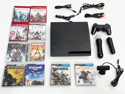 Sony PlayStation PS3 Slim Bundle 10 Games Motion Move Controllers  Assassin's