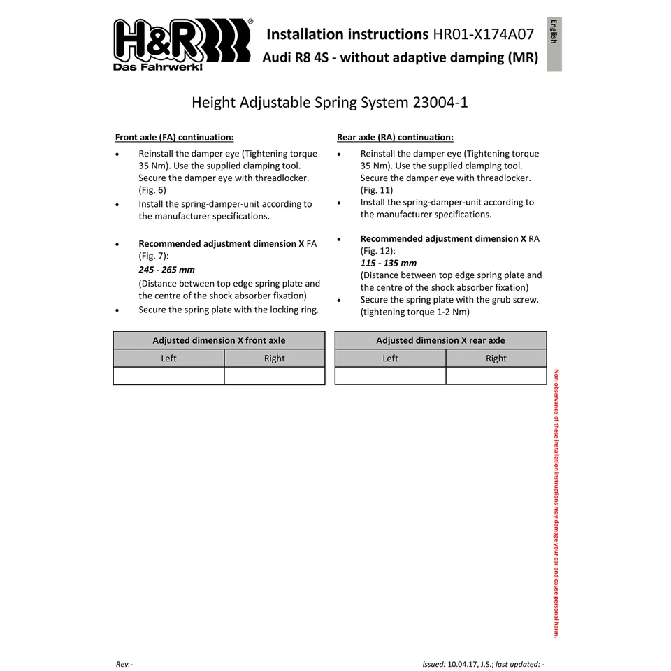 H&R 23004-1 Kit de muelles descensores delanteros y traseros ajustables para Audi R8 2017-2023 Foto 4 de 4