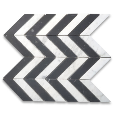 C7C1XH Carrara White Nero Marquina Black Marble 1x4 Chevron Mosaic Tile Honed