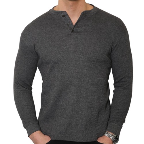 Mens Henley Long Sleeve Thermal T-Shirt Top Grandad Neck waffle net top (2208-A) - Picture 16 of 24