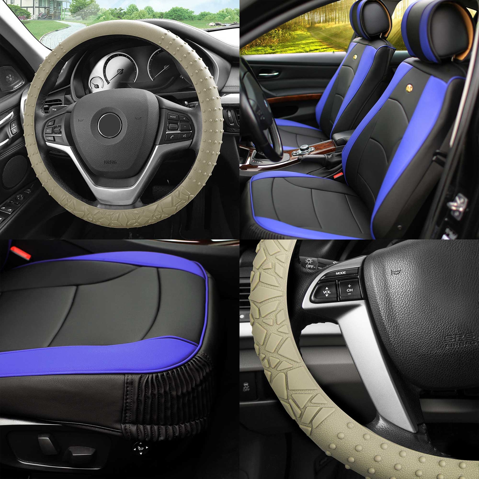 Black Blue Leatherette Seat Cushion Bucket Cover w/ Beige Steering Cover For SUV