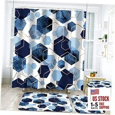 4Pcs Blue Bathroom Set Geometric Shower Curtain Set Modern Art Blue Hexagon