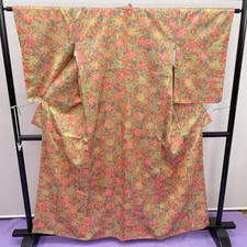 Vintage Japanese Silk Kimono Plant Pattern Dark Orange  Green Used