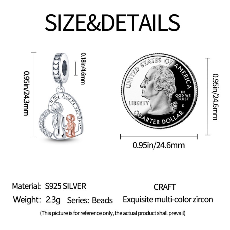 KUNSIR 925 Sterling Silver Mother Daughter Heart Pendant Charm For Bracelet DIY