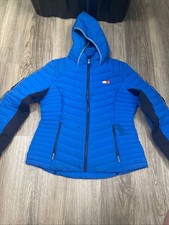 Tommy Hilfiger Packable Lightweight Hooded Puffer Jacket Blue Striped Sleeve M