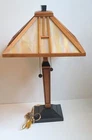 Vtg Slag Iridescent Glass Shade Dale Tiffany Craftsman Style Table Lamp Wood