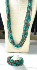 Fashion Necklace Set Turquoise Brass Glass Seed Bead Multistrand EarringsLot 66A