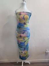 PrettyLittleThing Strapless Ruched Mesh Maxi Dress Floral Bodycon Multicolor 