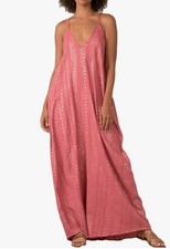 NWOT Elan Printed Pink & Gold Maxi Dress Size Medium Sleeveless V Neck Pockets