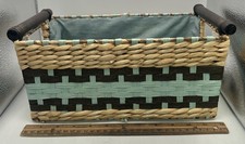 Woven Basket Wood Handles Blue Brown With Lining 13 X 7 X 5 Rectangle