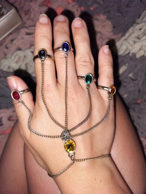 Marvel Avengers Infinity Gauntlet Hand Bracelet With 5 Rings Gold Tone Chain