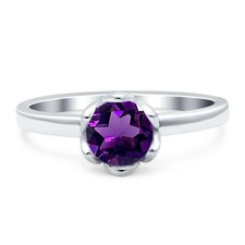 Round Natural Amethyst Solitaire Flower Engagement Ring 925 Sterling Silver