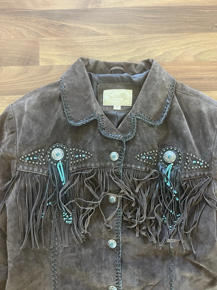 Chaqueta de Gamuza Marrón Vintage Scully Western con Flecos y Botones de Concho de Metal Foto 3 de 4