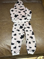Girls 2-Piece Fleece Hooded Pullover Hoodie Pants Set White/Black Hearts
