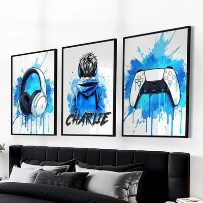 Personalised Playstation Gaming Prints Blue Bedroom PS5 Wall Art Poster Set of 3 - Image 1 of 4