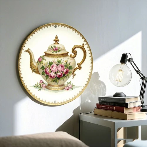 2D Flat,Vintage Floral Porcelain Teapot Wall Art Tin Metal Signs Home Décor 8x8