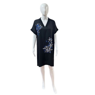Ming Wang Black Short Sleeve V Neck Floral Embroidered Shift Dress S/M Pullover