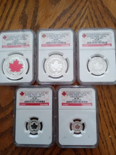 2015 Canada .9999 Silver Incuse Reverse Proof Maple Leaf 5 Coin Set NGC PF70