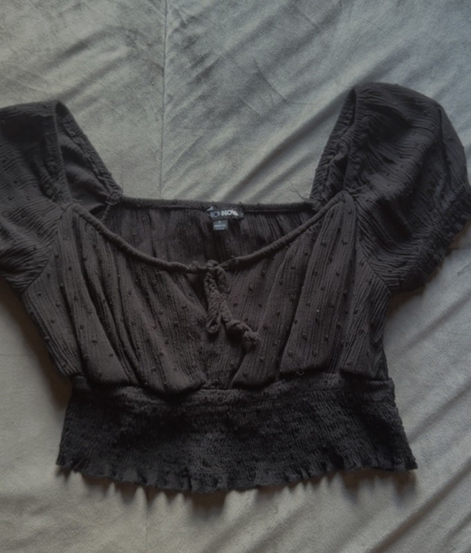 Fashion Nova Black Smocked Square Neck Puff Sleeve Crop Blouse, Size S