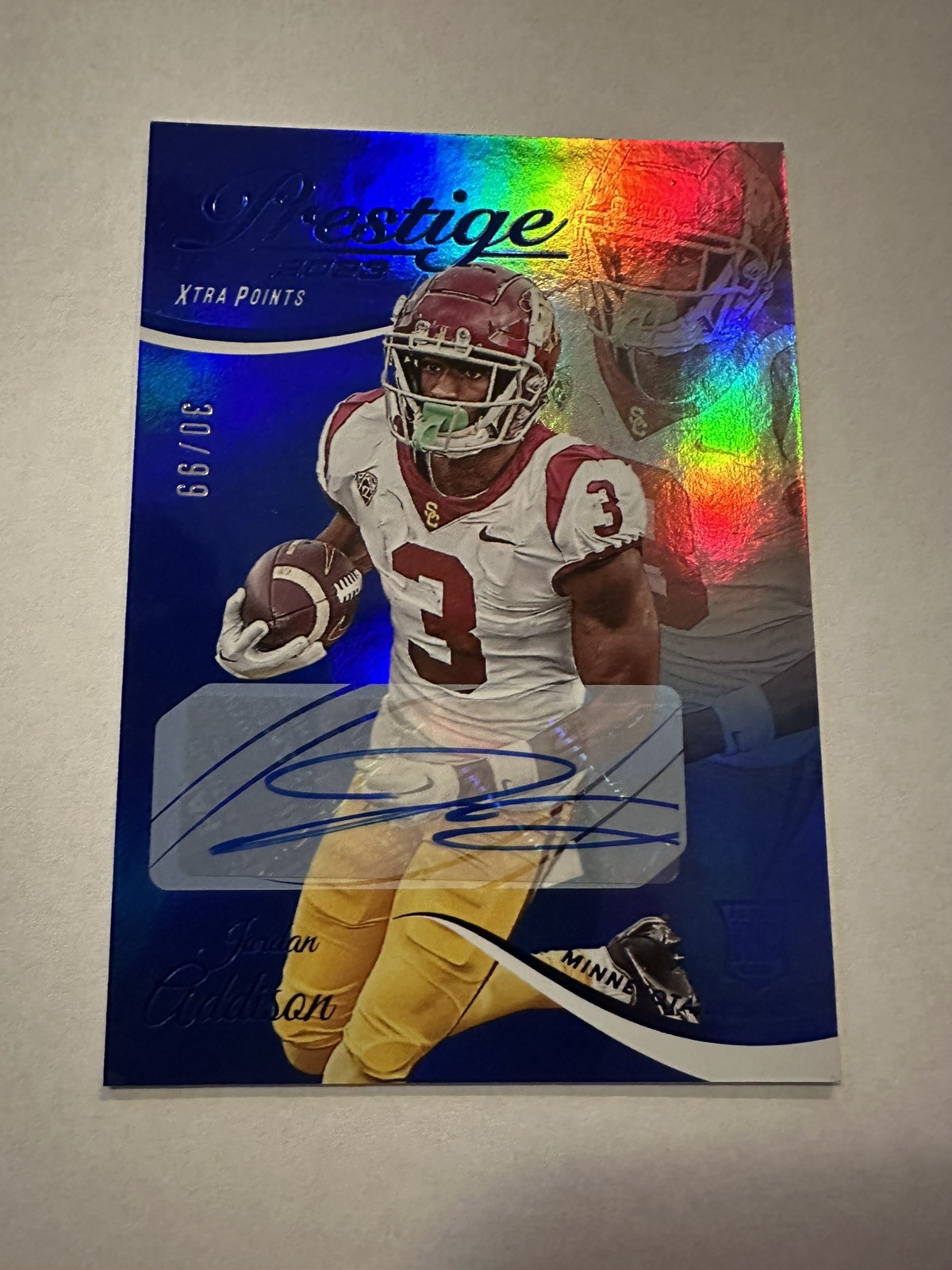 Jordan Addison 2023 Panini Prestige Xtra Points Blue Auto /99 RC Vikings USC
