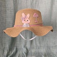 Girl's Tan Straw Floppy Brim Sun Hat Easter Spring Light Airy Chin Strap