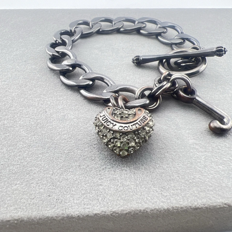 Pulsera vintage Juicy Couture Y2K encanto McBling Gunmetal plata pavé corazón Foto 4 de 4