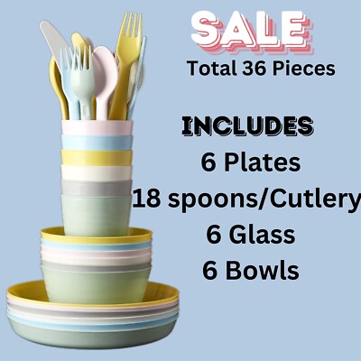 36pc Kids Tableware Set Plates, Bowls, Cups, Cutlery, BPA-Free, Safe  Durable UK