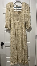 NWT REFORMATION Fable Dress Lima XL Yellow Floral Midi 3/4 Puff Sleeves Viscose