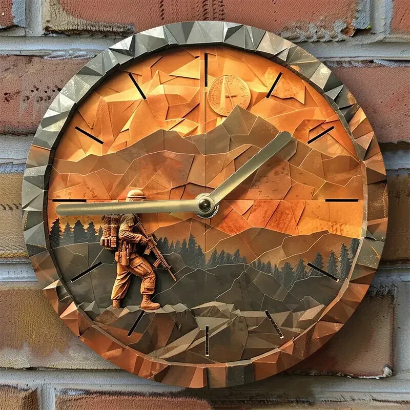 Military Theme Metal Clock" 8X8" Round wall Art - NIB Seller is a Veteran