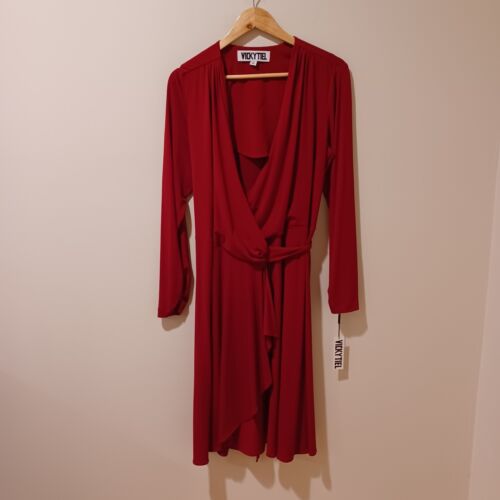 NWT Vicky Tiel Red Wrap Slinky Long Sleeve V-Neck Dress Size L Career Casual