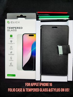 FOR APPLE IPHONE 16 FOLIO CASE with TEMPERED GLASS & STYLUS ON US!