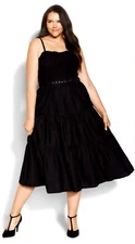City Chic Black Maxi Shirred Sunset Dress M us 18 with belt NIP