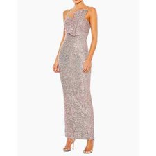 NWT $398 Mac Duggal Metallic Sheath Gown 11284 - Sequin Bow Formal 
