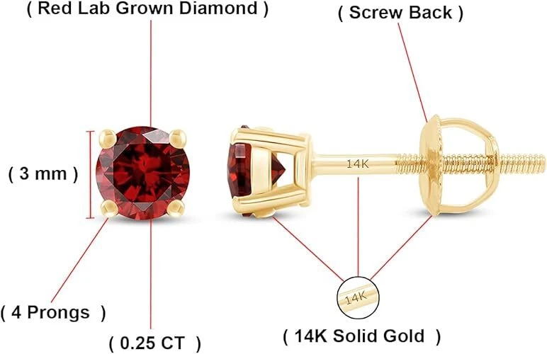 Solitaire 4-Prong Screw Back Stud Earrings Red Lab Grown Diamond in 14k Gold - Image 2 of 4