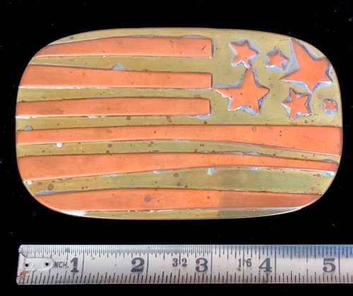 Vintage Solid Brass Copper Brutalist Hippie Belt Buckle American Flag Signed 70s - Picture 2 of 6