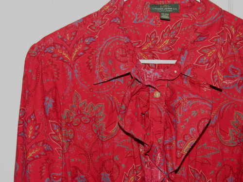 RALPH LAUREN Women's Size 2X Deep red Blue Print Ruffle Blouse Shirt Cotton L/S