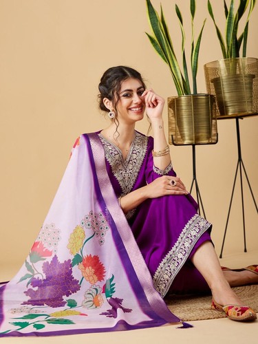 Pure Viscose Chinon Salwar Kameez Indian Wedding Wear Kurta Pant Dupatta Set - Picture 3 of 7