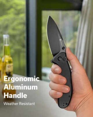S23098A1 Sencut Cybrix Black Aluminum Handles 9Cr18MoV Black Drop Point Blade IK