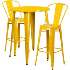 30''Round Yellow Metal Indoor-Outdoor Restaurant Bar Table Set w/2 Cafe Barstool