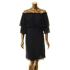 LAUREN RALPH LAUREN Women's Navy Off-the-shoulder Pleated Sheath Dress 4 TEDO